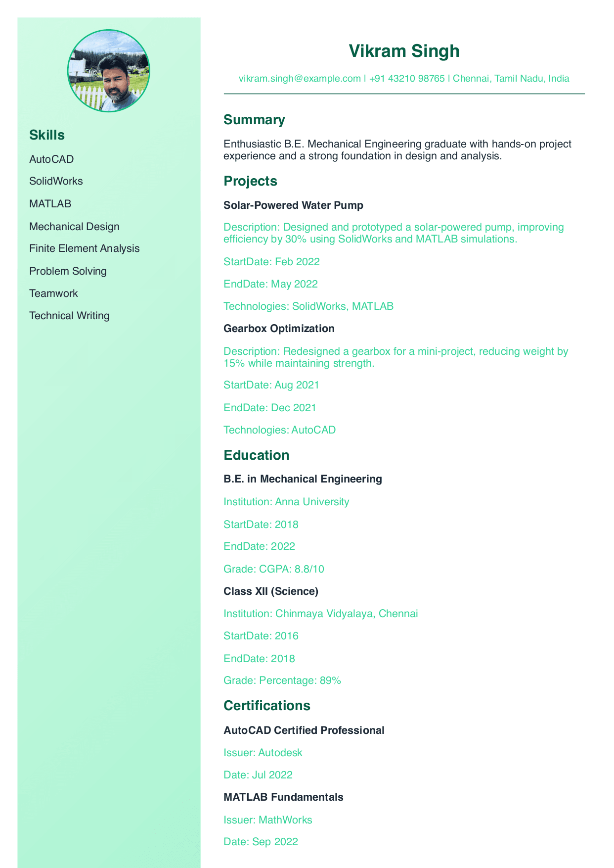 Engineering Fresher (Left Sidebar)