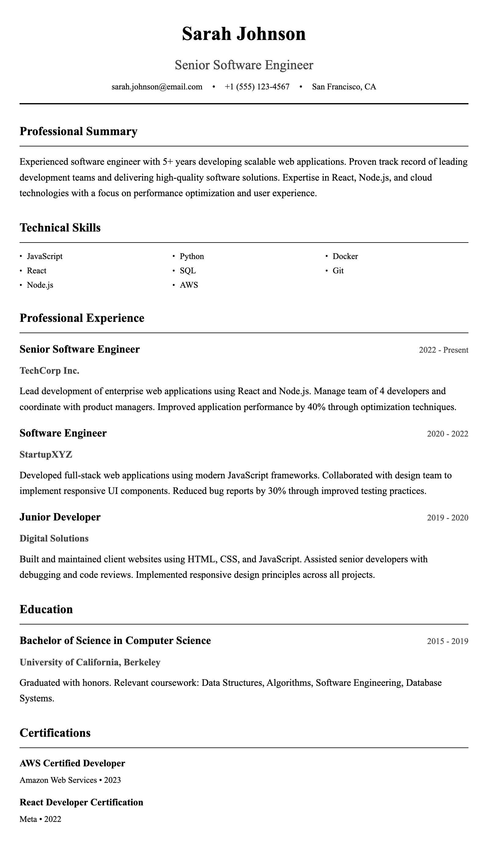 A résumé built with ResumeGyani's Classic Professional template
